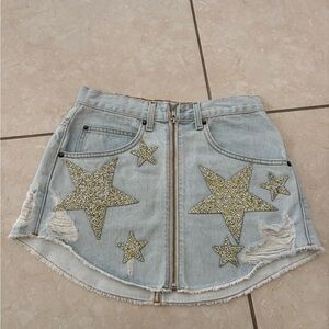 Carmar Light Blue Denim Mini Skirt with Gold Star Accents